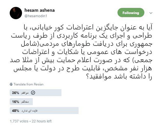طرح مشاور رییس‌جمهور برای جایگزینی اعتراضات خیابانی + تصویر
