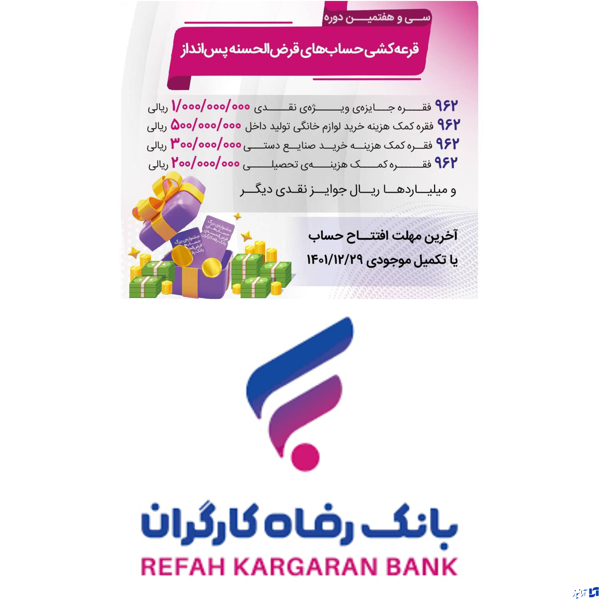 شمارش معکوس برای جزئیات سی و هفتمین  دوره  قرعه کشی حساب های قرض الحسنه پس انداز بانک رفاه کارگران آخرین مهلت افتتاح حساب ۲۹اسفند ۱۴۰۱
