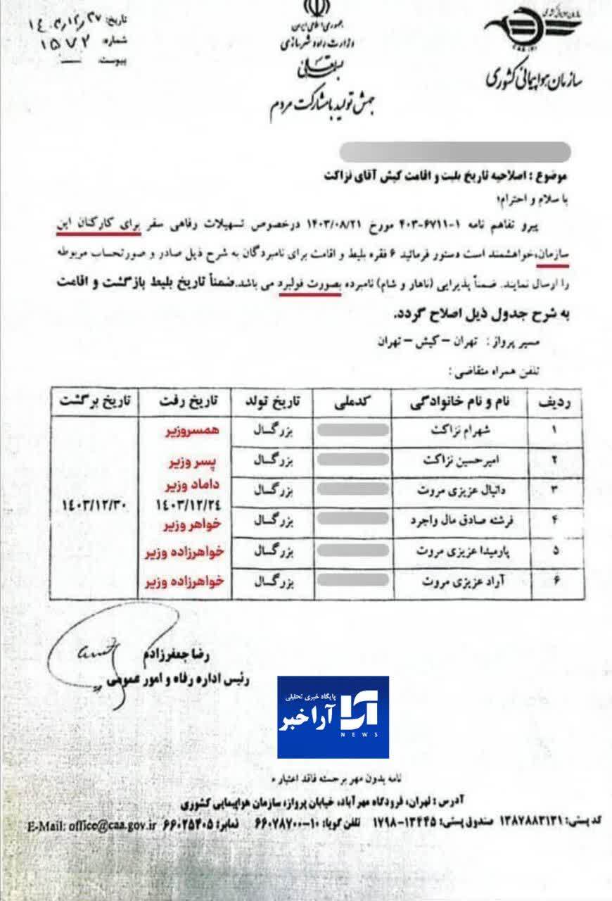 سفر لاکچری خانوادگی با پول مردم: ثابتی از سفر میلیاردی بستگان وزیر راه به کیش پرده برداشت!/وقتی بیت‌المال حیاط خلوت می‌شود