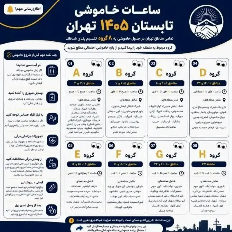جدول قطعی برق تهران