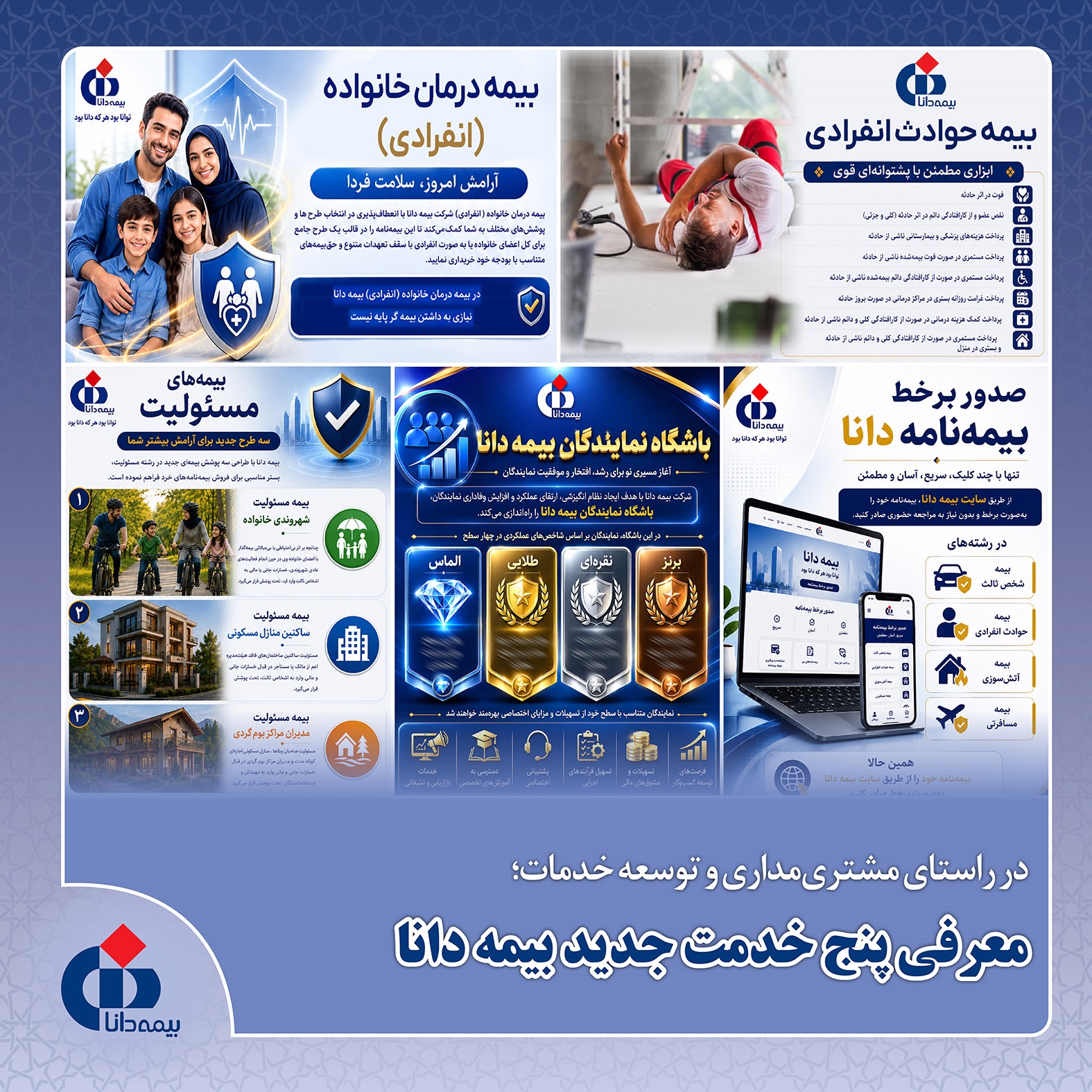 در راستای تحقق شعار مشتری‌مداری و توسعه پایدار خدمات؛ گامی بلند در مسیر نوآوری؛ درخشش بیمه دانا با معرفی پنج خدمت متمایز و هوشمند